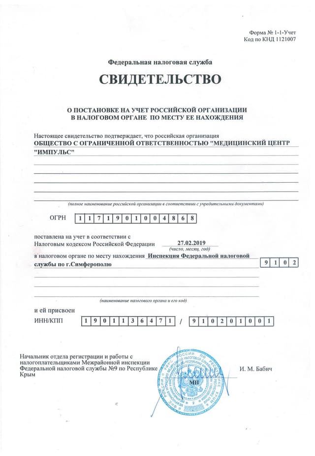 Свидетельство о постановке на налоговый учёт, ОГРН 1171901004868
